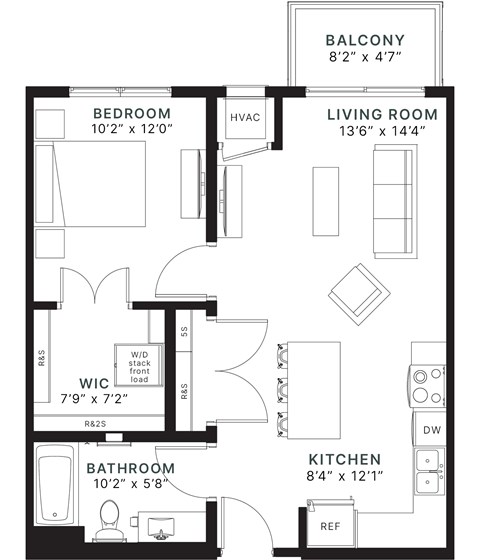 Floor plan for 1 bed, 1 bath, 690 sqft